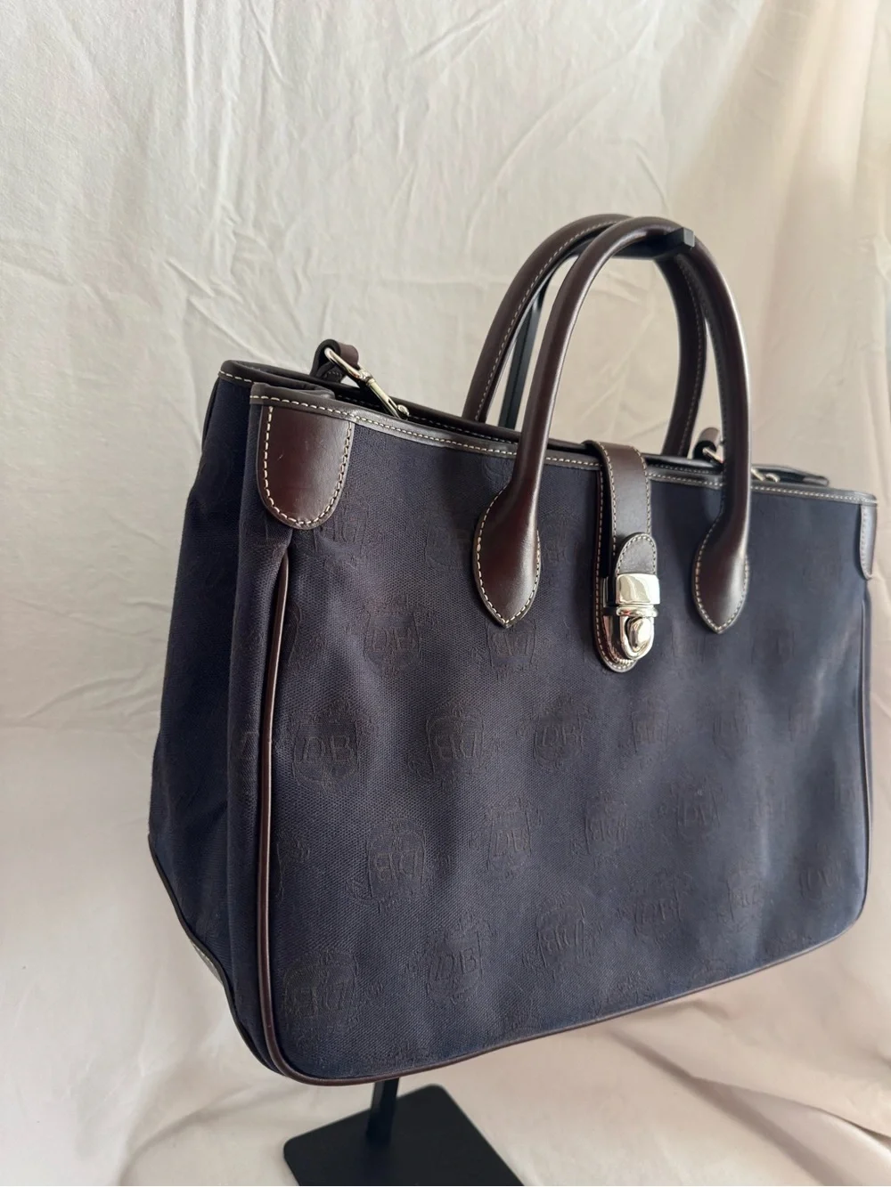 Dooney & Bourke Monogram Canvas Double Handle Tote Bag Navy Blue Brown Leather